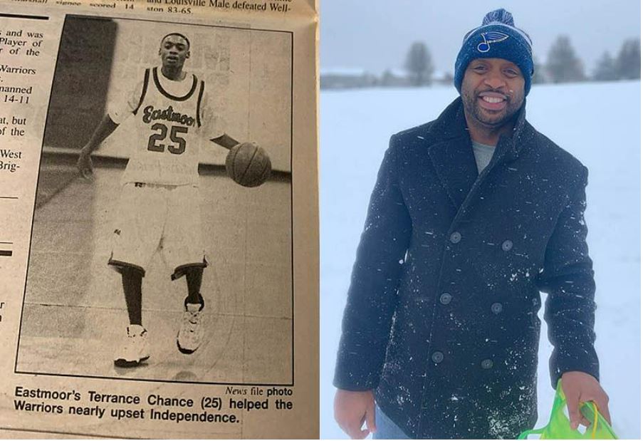 Left: an image of an old newspaper clipping, showing an article about high school aged Terrence playing basketball. Right image: a picuture of Terrence standing in the snow, smiling to camera. 